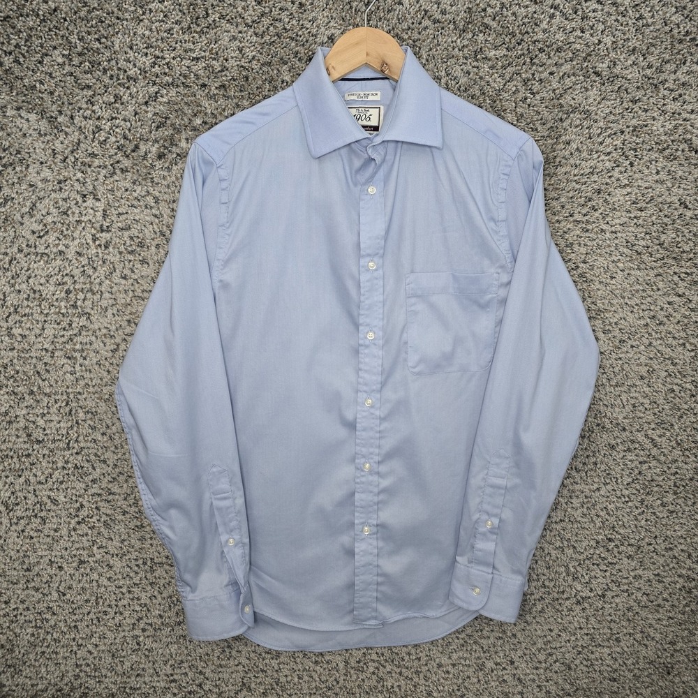 Jos A Bank Dress Shirt Mens 15 34 Blue Button Up Brrr Stretch Non Iron Slim Fit